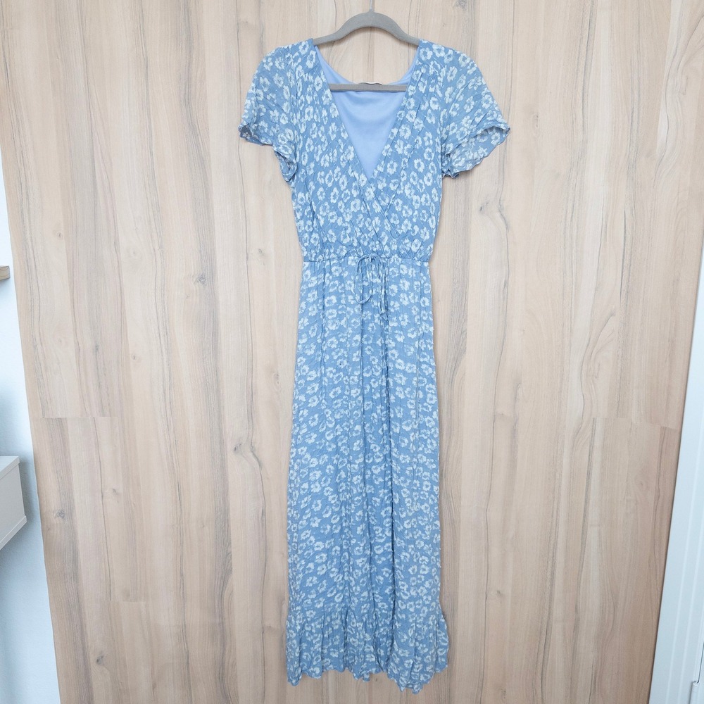 Everly‎ Floral Maxi Dress Small Blue Faux Wrap Ruffle Cottage Prairie Feminine